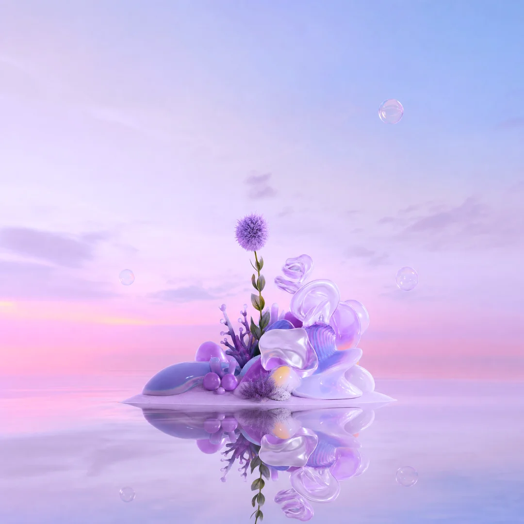 Render 3D: ecosistema generativo che galleggia sull'acqua al tramonto